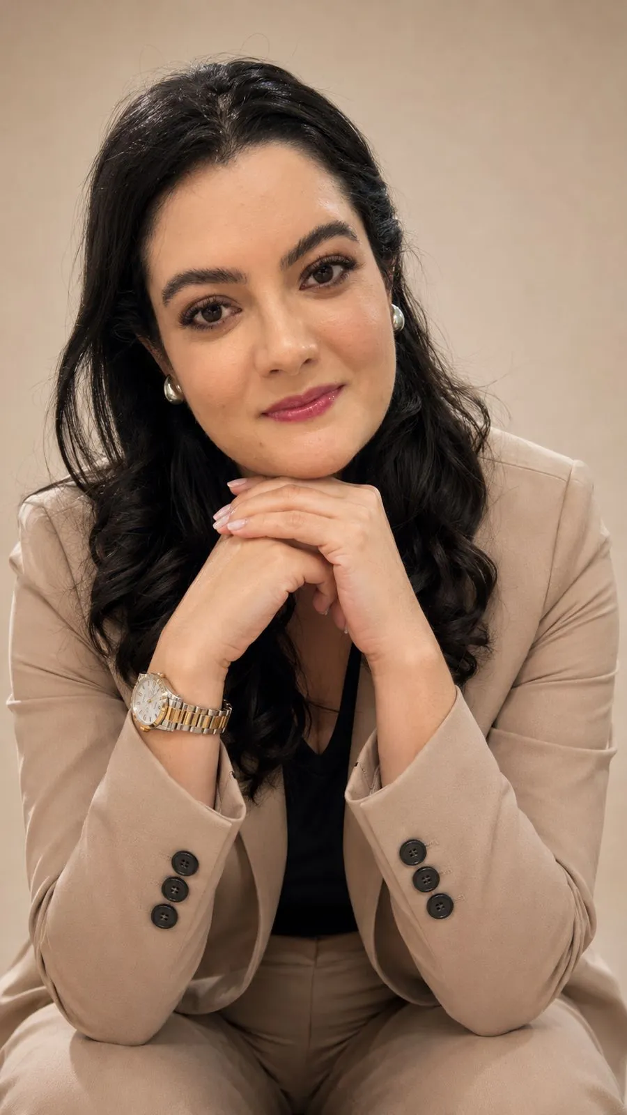 Fernanda Sanchez em retrato profissional, com blazer bege